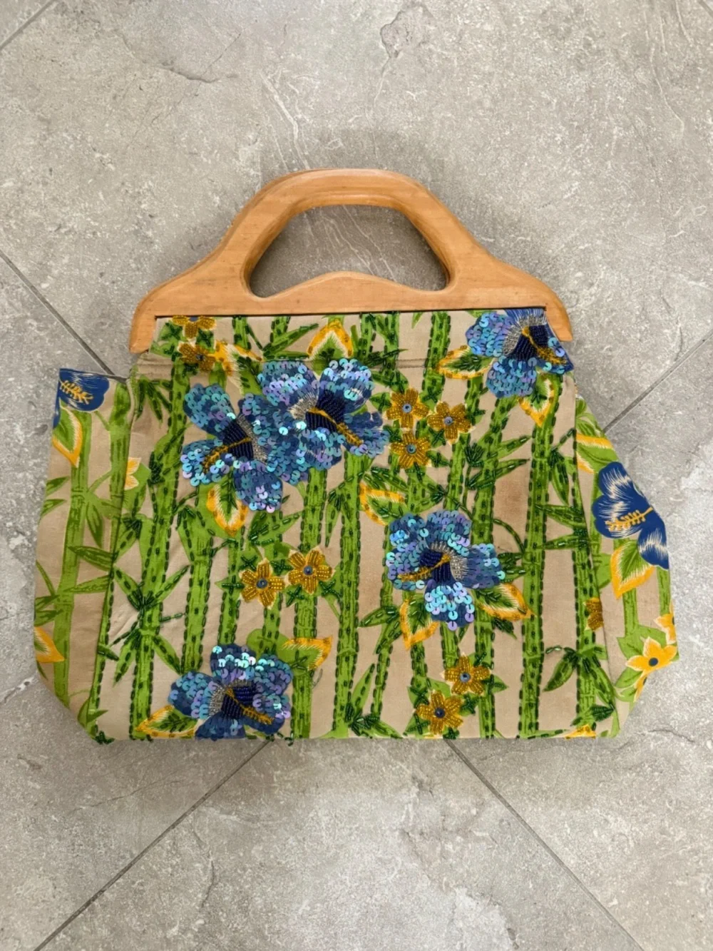 Vintage Mystique Beaded Floral Wood Handle Summer Bag Art to Wear ONE OF A KIND